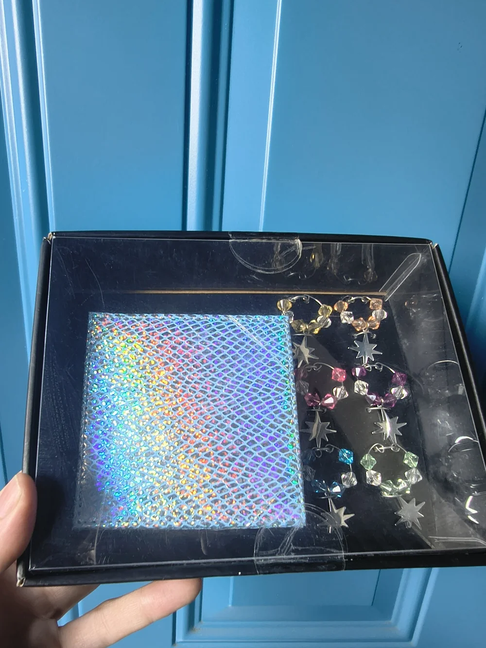 bebe Iridescent Blue Card Case with Multicolor Crystal Hoop Earrings
